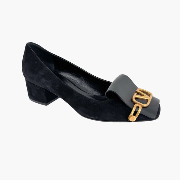 Valentino VLogo Black Suede Leather Block Heel Pumps Shoes Size 38.5 US 8.5 - Picture 8 of 15
